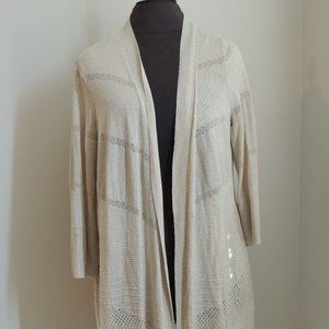 *SOLD* Chico's Sz 2 Open Cardigan Sweater Shimmer Gold 3/4 Sleeves Rayon Blend